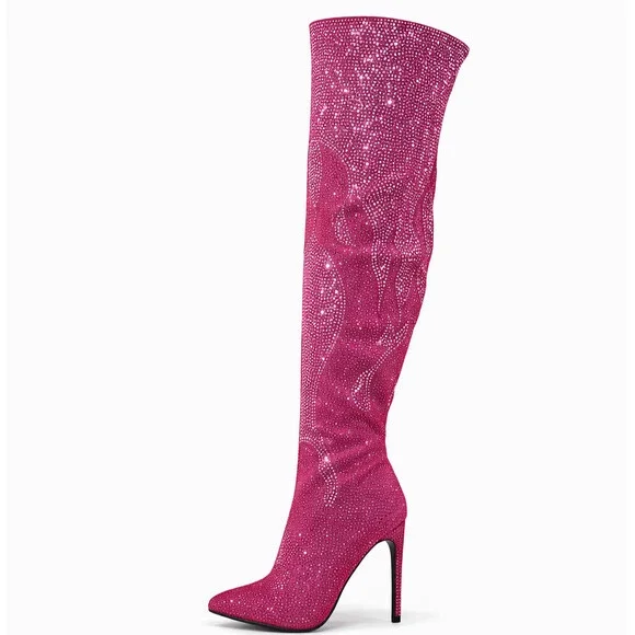 NIB Like It Hot Fuchsia Rhinestone Flame Detail Sexy OTK High Heel Thigh Boots - Picture 5 of 12